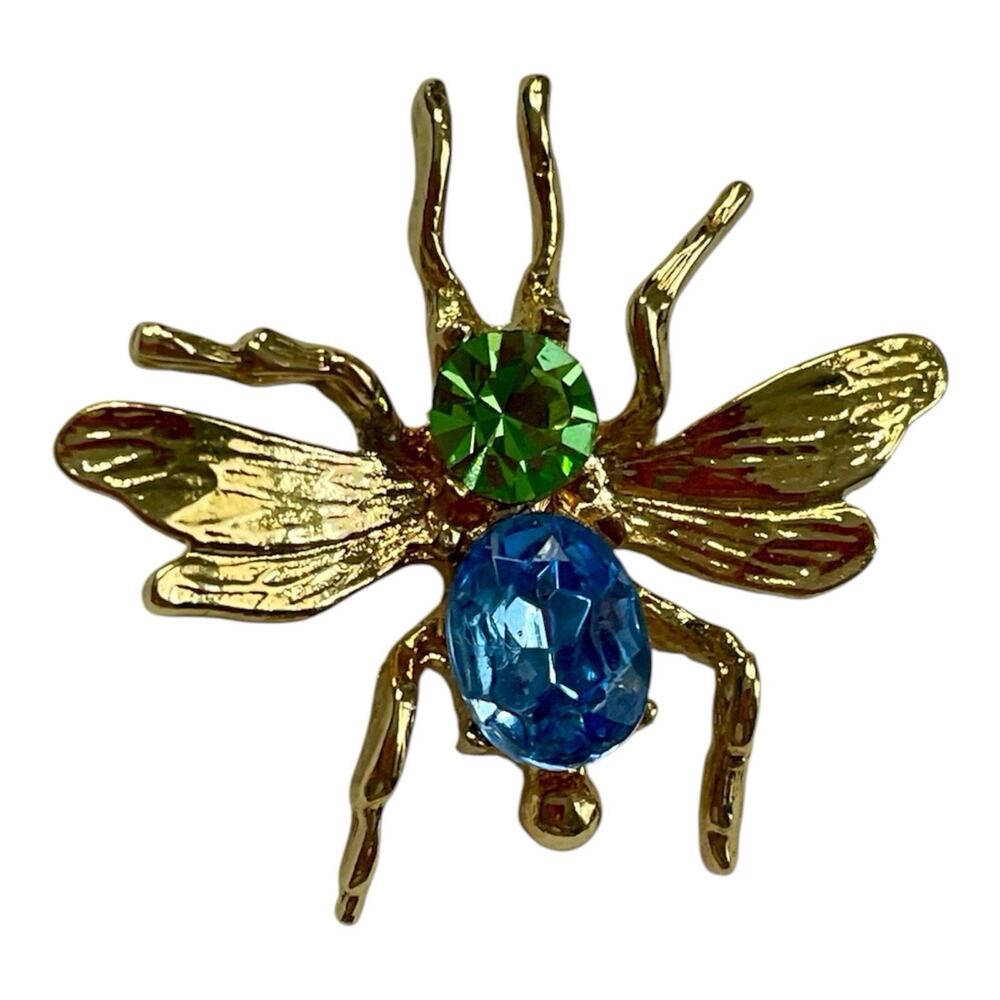 Vtg Gold Tone Rhinestone Figural Insect Bug Fly Scatter Pin 1" Brooch Blue Green